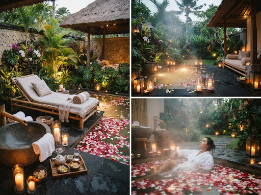 Kolam rendam air hangat bertabur bunga dan lentera lilin di paviliun spa (foto referensi)