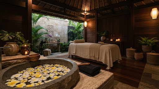 Interior paviliun perawatan spa dengan baskom batu, bunga kamboja, dan lilin hangat (foto referensi)